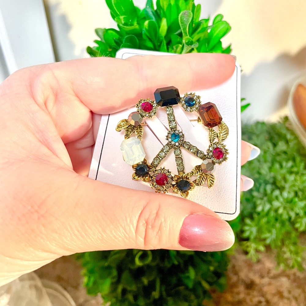 Floral Crystal Peace Sign Brooch - Picture 3 of 6